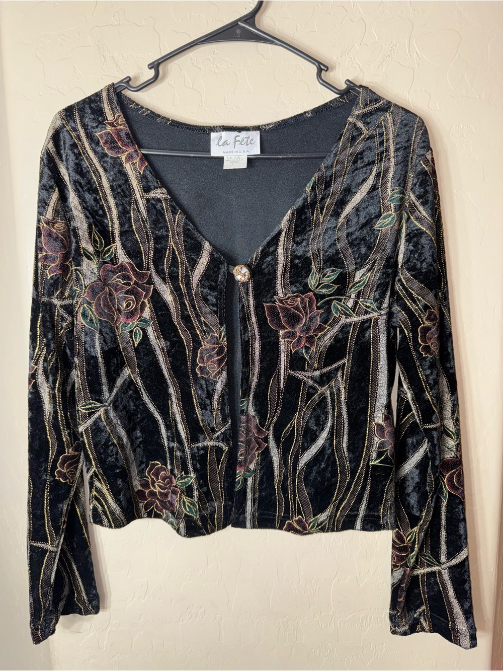 Vintage La Fête USA Black Velvet Burnout Floral Open Front Jacket Top L